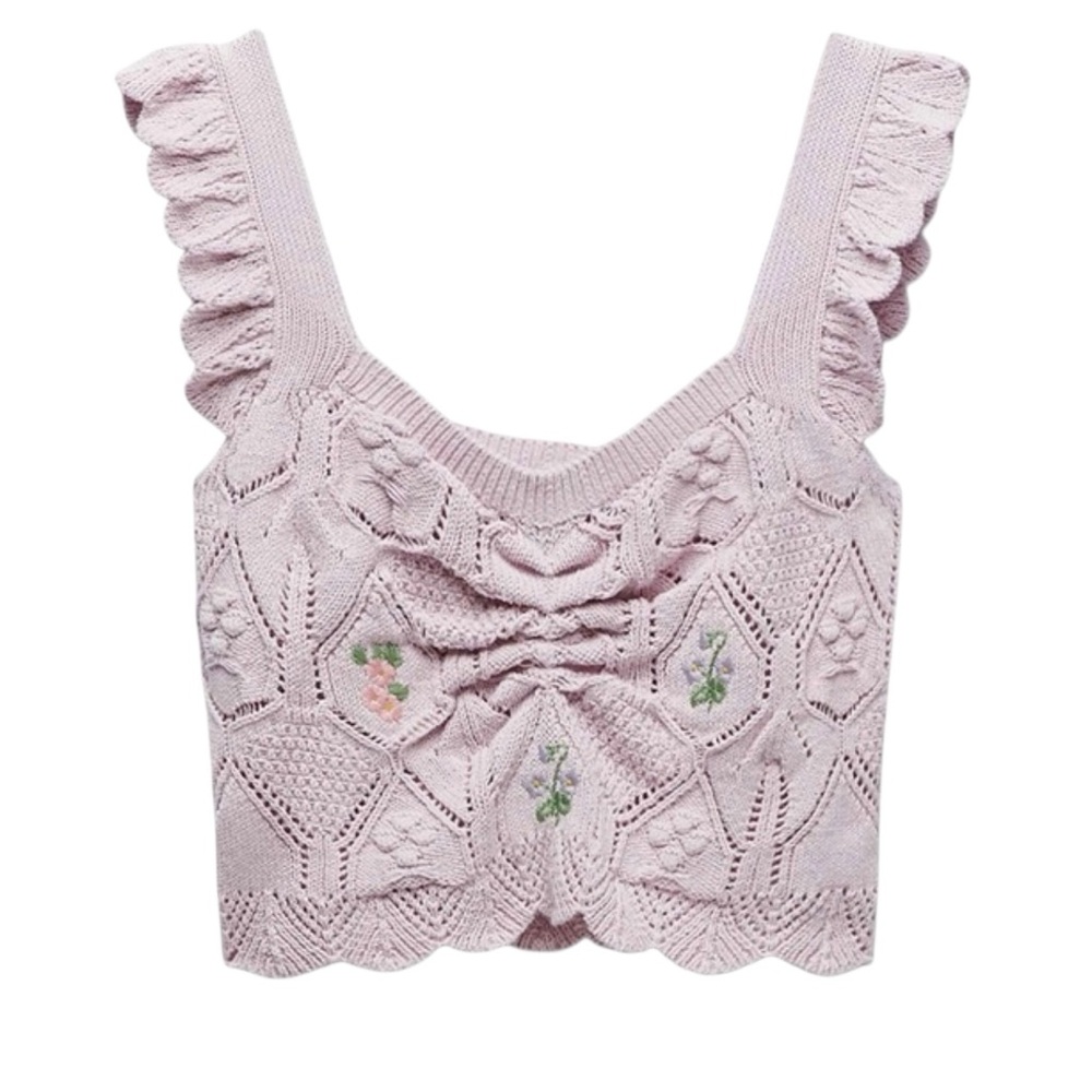 ZARA Pink‎ Embroidered Coquette Cottagecore Pointelle Knit Crop Top Ruffles - M - Picture 2 of 11